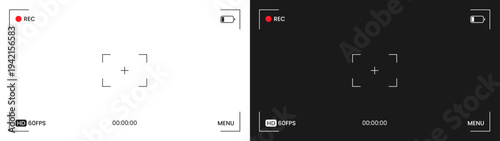 Modern video camera viewfinder 16/9 blank frame set. Isolated screen recording viewfinder HD interface display. Black and white record UI footage settings concept. Vector illustration.