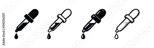 Dropper and pipette vector icon set with falling liquid drop. Laboratory tool symbol.