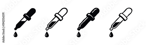 Pipette and dropper vector icon set with liquid droplet. Science and medical tool.