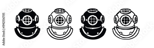 Hand-Drawn Vintage Diver Helmet Icons, Retro Deep Sea Diving Equipment Set
