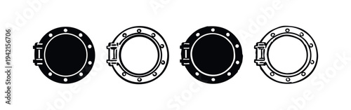 Hand-Drawn Vintage Porthole Icons, Retro Ship Window with Clasps Set