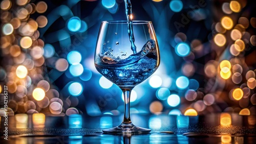 A photo of a clear liquid pouring into a wineglass with a blue tinge