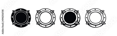 Vintage Porthole Icons Set, Hand-Drawn Ship Window Symbol Collection