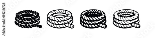 Coiled rope icons set in solid black and outline styles for nautical and marine designs.