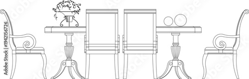 Vector sketch illustration silhouette of classic vintage retro antique table and chair furniture design