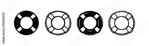 Set of four different lifebuoy and lifesaver icons in black solid and outline designs.