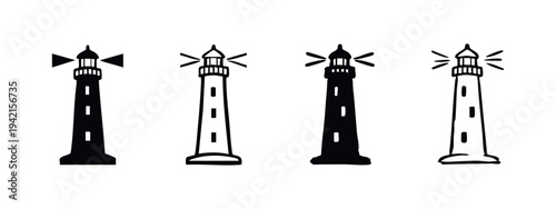 Set of four lighthouse icons with light beams, in solid black and outline styles.