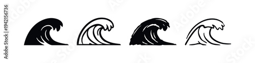 Dynamic ocean wave icons in black solid and outline for marine and water-themed designs.