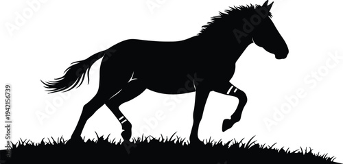 Vector silhouette of a horse trotting through grass design