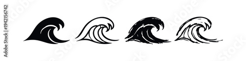 Different styles of ocean wave icons in solid black and outline for water concepts.