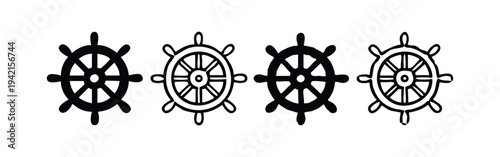 Ship Steering Wheel Icons Set. Vector Illustration of Nautical Rudder Symbol, Helm Logo, and Maritime Navigation Element.