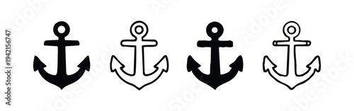 Set of four classic anchor icons in various black solid and outline styles.