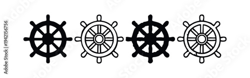 Nautical Ship Steering Wheel Vector Icons. Maritime Helm and Rudder Symbols in Black and White Style.