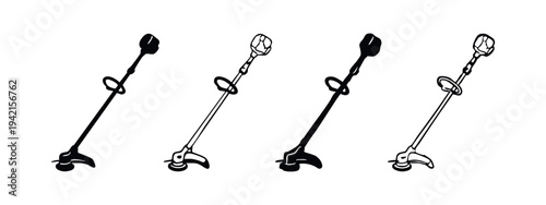 Garden String Trimmer Vector Icons. Lawn Mower and Weed Whacker Symbols in Black and White Style.