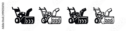 Snow Blower Icons Set. Vector Illustration of Winter Snow Removal and Cleaning Equipment.