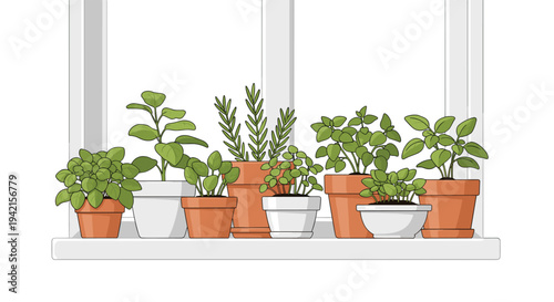 Nine potted herbs, including basil, rosemary, and mint, are arranged in terracotta and white pots on a bright white windowsill.