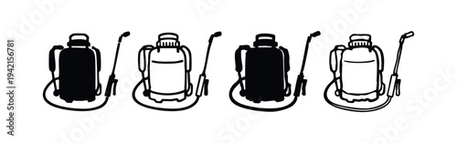 Backpack sprayer icon set. Agricultural chemical and pesticide tool for farming and garden care, isolated on white background.