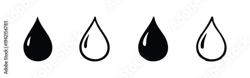Water drop icon set. Liquid droplet symbol in various styles, ideal for moisture, clean water, or fluid concepts.