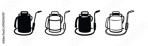 Backpack garden sprayer icons. Farming and agriculture equipment symbols for pesticide application, isolated on white.