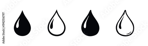 Liquid drop vector icons. Water, oil or fluid droplet symbols in outline and solid styles, isolated on white background.