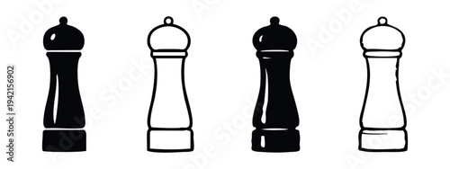 Set of pepper and salt mill grinder icons in hand drawn style for kitchen design