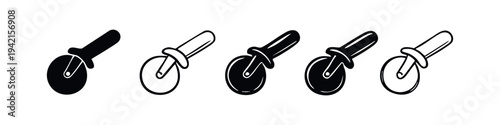 Pizza cutter icons set, illustrating various styles of kitchen utensils for slicing pizza, in black and white.