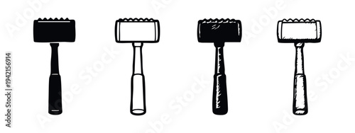 Meat tenderizer mallet kitchen tool icons set in flat black and outline style