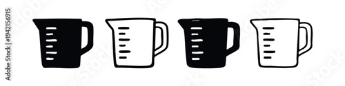 Measuring jug icons set, showing kitchen measuring cups with gradations in solid and outline styles.