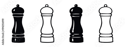 Kitchen pepper or salt grinder icons set, essential seasoning tools in doodle style