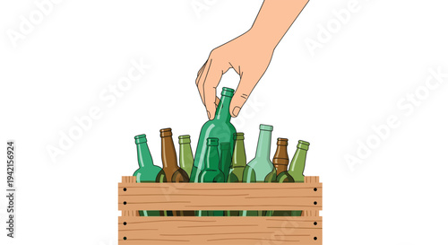 A human hand is shown reaching into a rustic wooden crate to select one green glass bottle from a collection of various empty green and brown bottles on a white background.