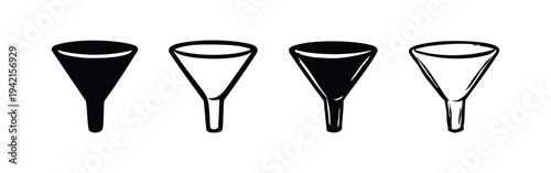 Funnel icons collection, offering versatile designs of pouring tools for kitchen and lab use.