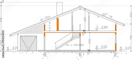 Vector sketch illustration of silhouette design section view of facade of Wooden House with scale size
