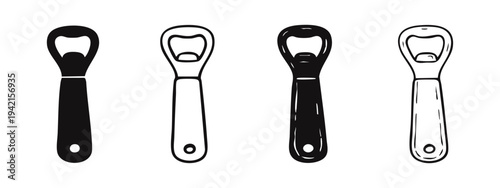 Bottle opener kitchen tool icons set in doodle black and outline style