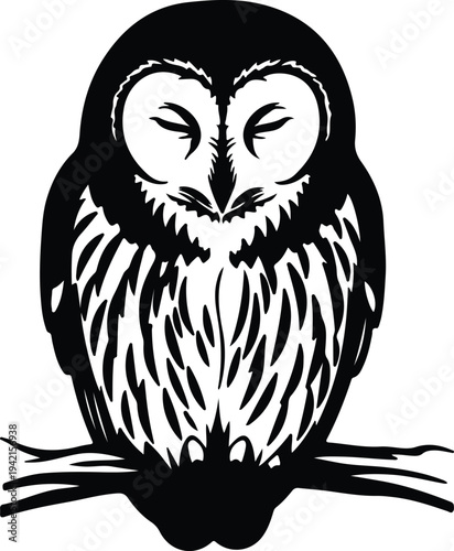 Vector stylized owl perched on branch monochrome silhouette design