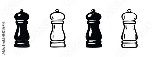 Hand drawn pepper or salt grinder icons set, traditional kitchen seasoning tools