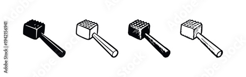 Isometric meat tenderizer mallet icons set, kitchen tool for food preparation