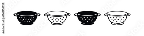 Colander icon set. Kitchen draining and straining tool vector illustration.