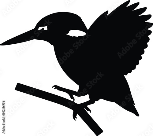 Vector stylized kingfisher bird perched on branch silhouette design