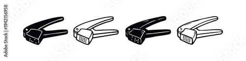 Garlic press icon set for kitchen and cooking applications, presented in various styles.