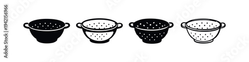 Colander icon set. Kitchen draining and straining tool vector illustration.