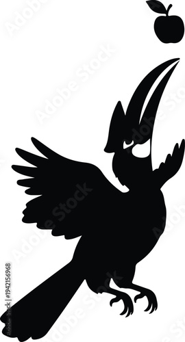 Vector toucan bird catching apple fruit silhouette design