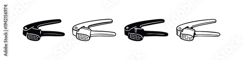 Garlic press icon set. Kitchen food preparation tool vector illustration.