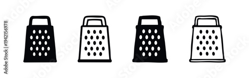Cheese grater icon set for kitchen appliances and cooking, featuring different visual styles.