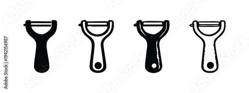 Peeler icon variations for food preparation and kitchen tools, in black and white styles.