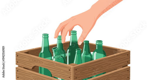 A human hand reaches into a dark brown wooden crate to pick up one of several green glass bottles, which are neatly arranged inside the crate on a white background.