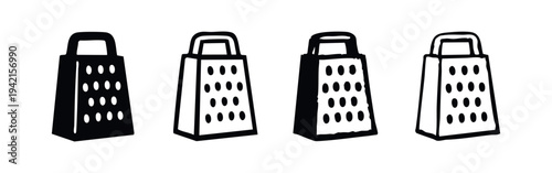 Box grater icons in flat and line art styles for culinary design and kitchen concepts.