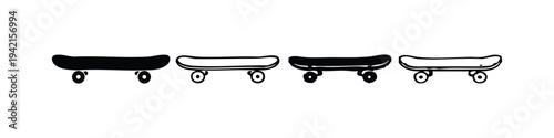 Skateboard vector icons set. Skate board sport equipment illustrations in solid and outline doodle style.