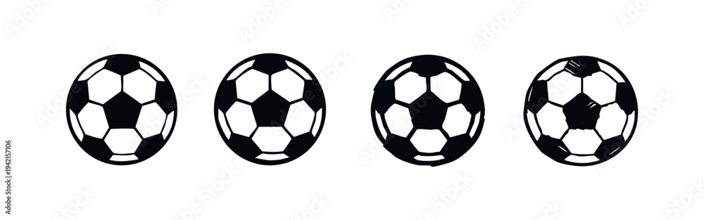 Fototapeta premium Set of Soccer Ball Icons, Football Game Equipment Silhouettes, Sport Vector Illustration