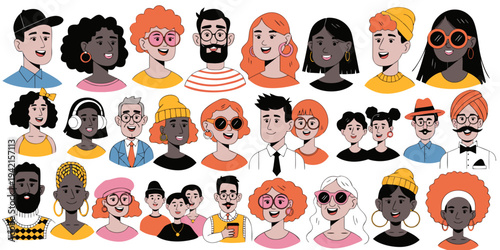Diverse group of cartoon people faces