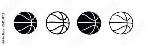 Basketball Icon Set in Hand-Drawn Style. Four Variations of Sports Ball Illustrations, Black and White.